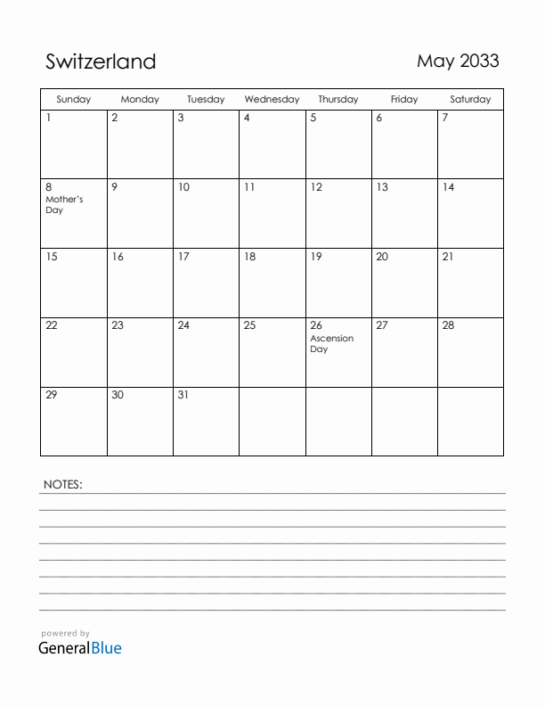 May 2033 Switzerland Calendar with Holidays (Sunday Start)