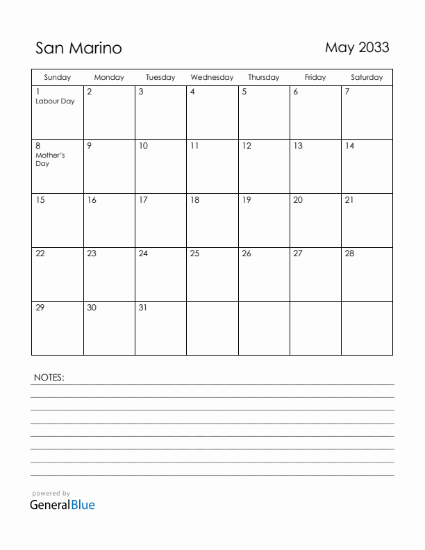 May 2033 San Marino Calendar with Holidays (Sunday Start)