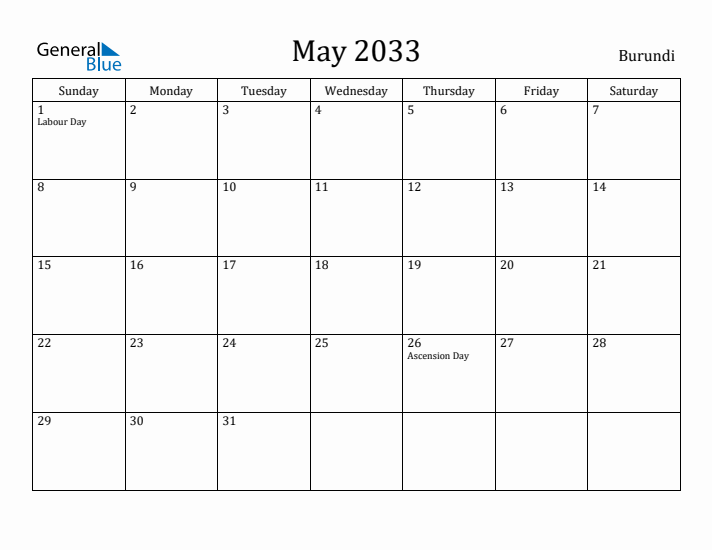 May 2033 Calendar Burundi