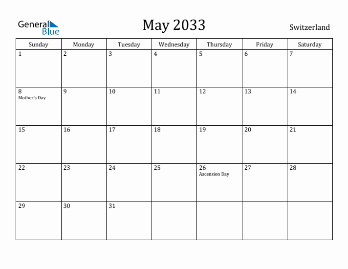 May 2033 Calendar Switzerland