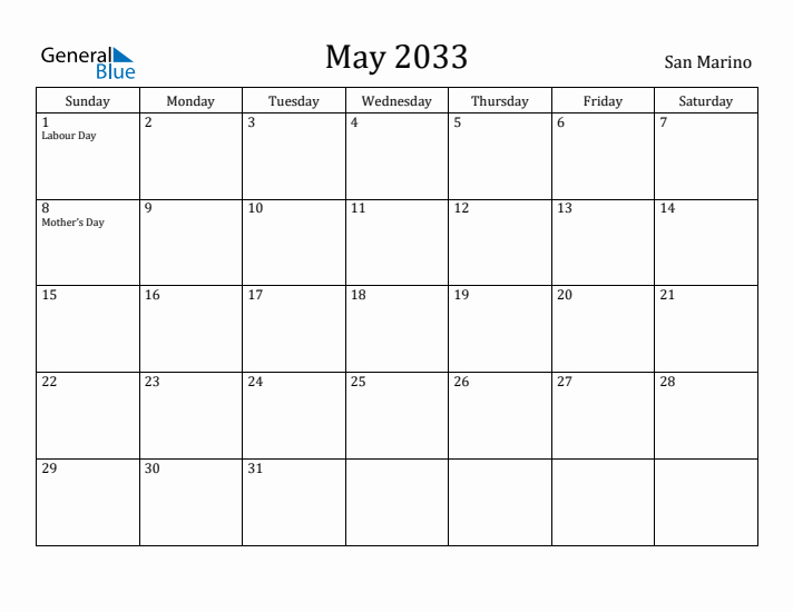 May 2033 Calendar San Marino