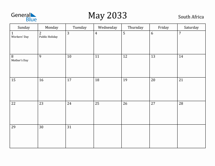 May 2033 Calendar South Africa