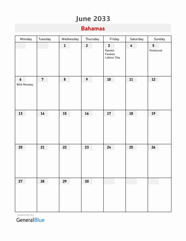 Bahamas June 2033 Calendar with Holidays