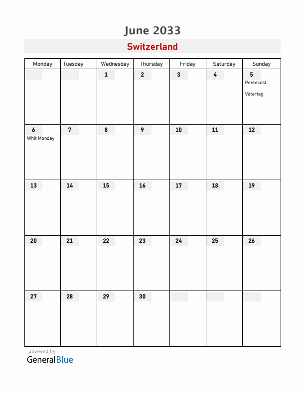Switzerland June 2033 Calendar with Holidays