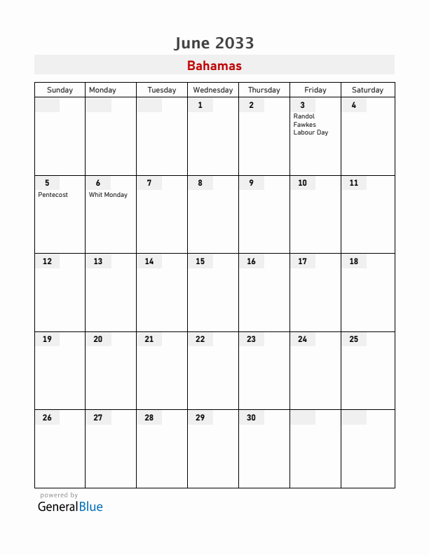 Bahamas June 2033 Calendar with Holidays