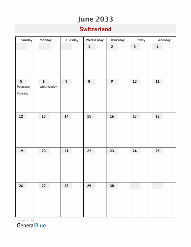 Switzerland June 2033 Calendar with Holidays