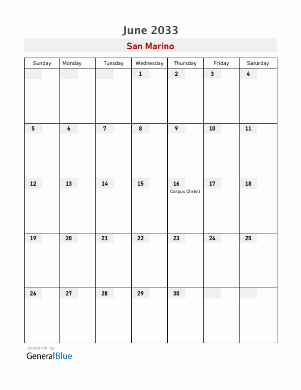 San Marino June 2033 Calendar with Holidays