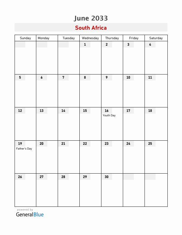 South Africa June 2033 Calendar with Holidays
