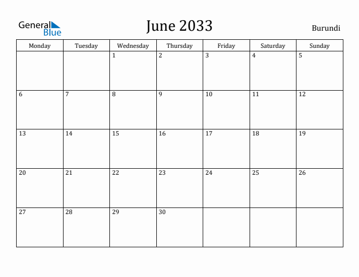 June 2033 Calendar Burundi