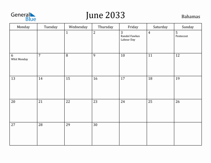 June 2033 Calendar Bahamas