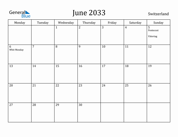 June 2033 Calendar Switzerland