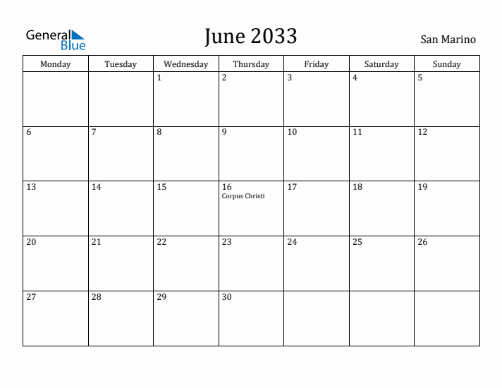 June 2033 Calendar San Marino