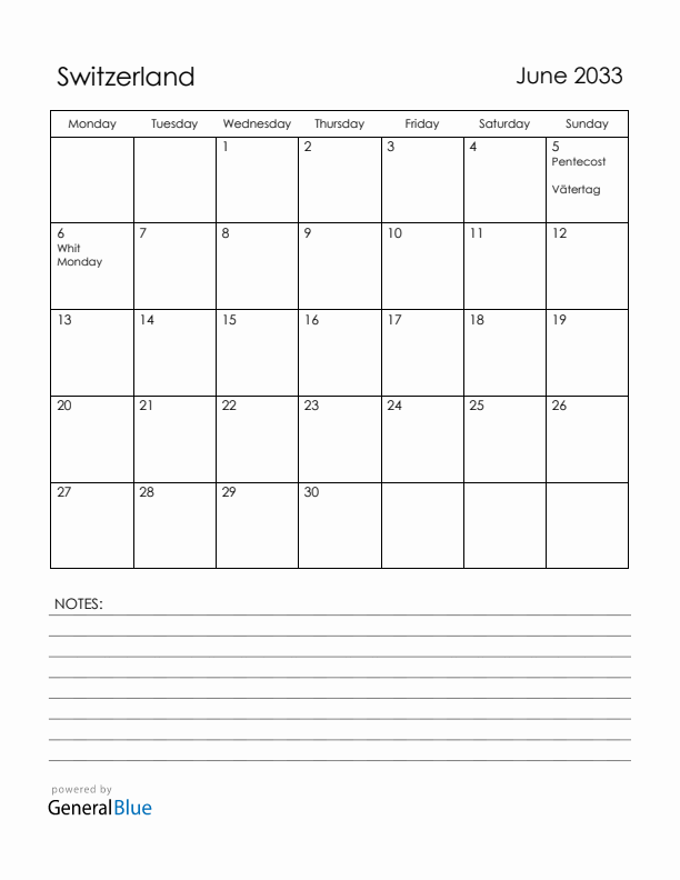 June 2033 Switzerland Calendar with Holidays (Monday Start)