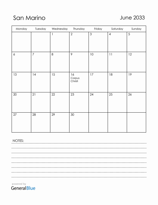 June 2033 San Marino Calendar with Holidays (Monday Start)