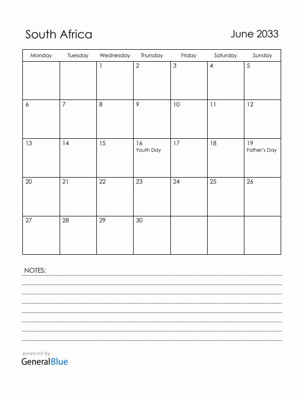 June 2033 South Africa Calendar with Holidays (Monday Start)