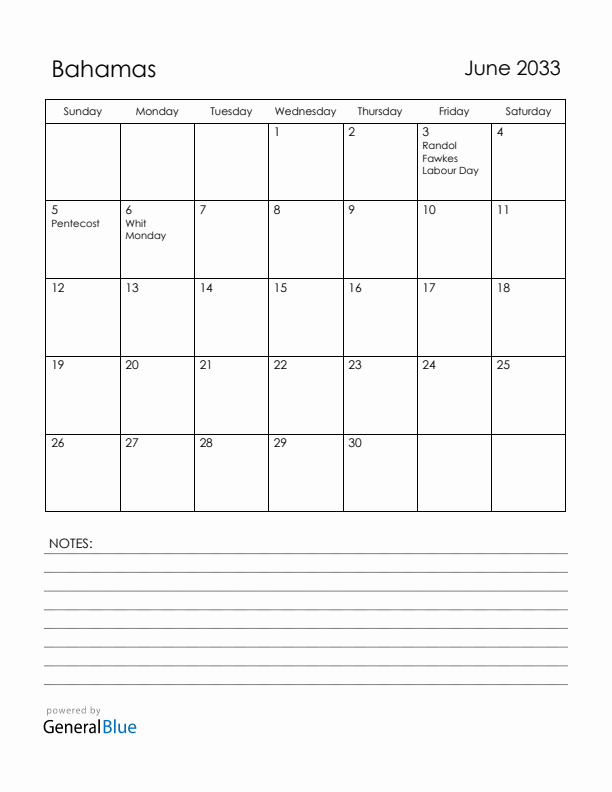 June 2033 Bahamas Calendar with Holidays (Sunday Start)