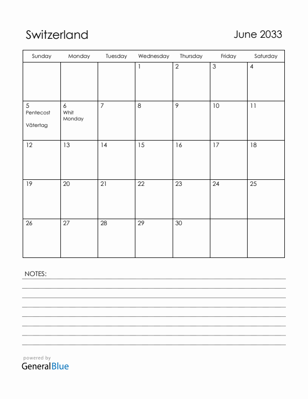June 2033 Switzerland Calendar with Holidays (Sunday Start)