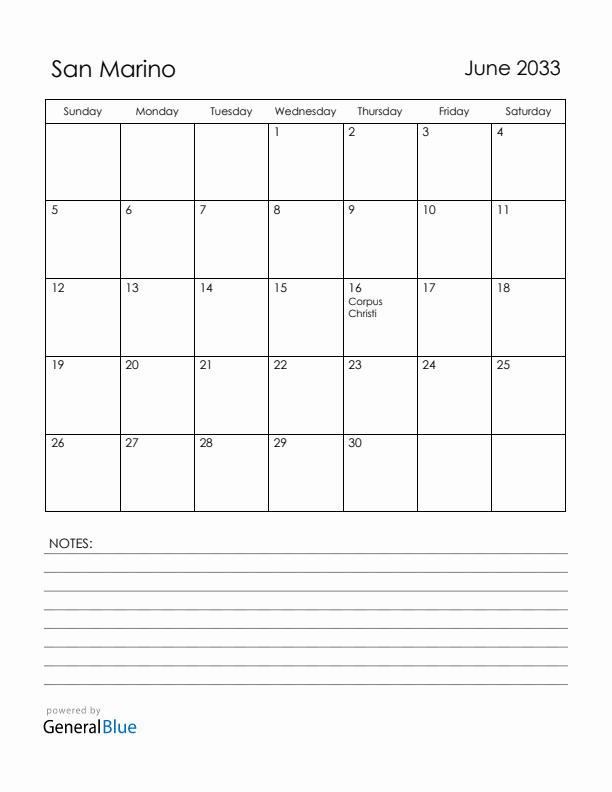 June 2033 San Marino Calendar with Holidays (Sunday Start)