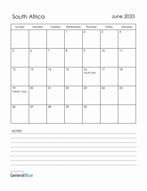 June 2033 South Africa Calendar with Holidays (Sunday Start)