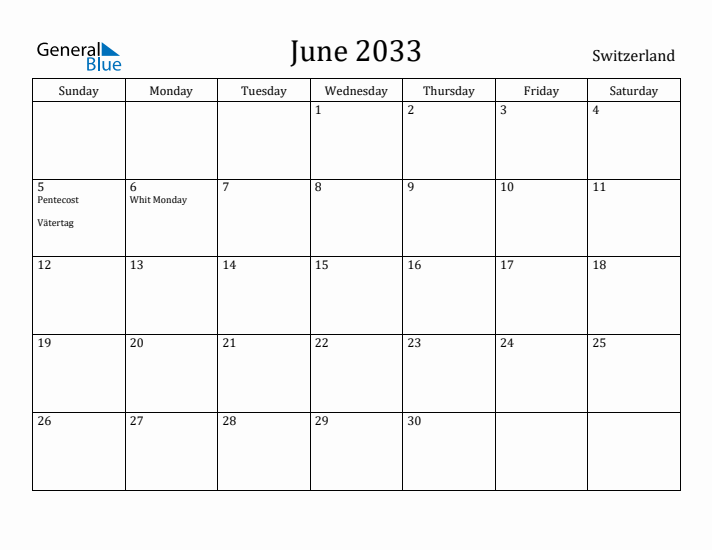 June 2033 Calendar Switzerland