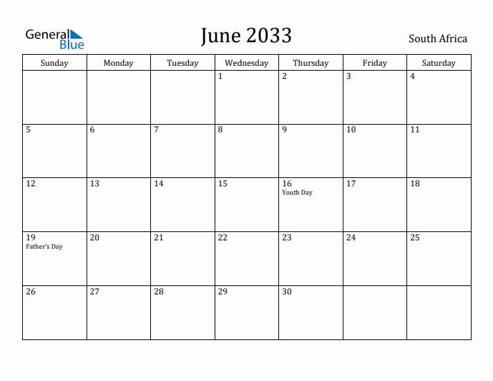 June 2033 Calendar South Africa