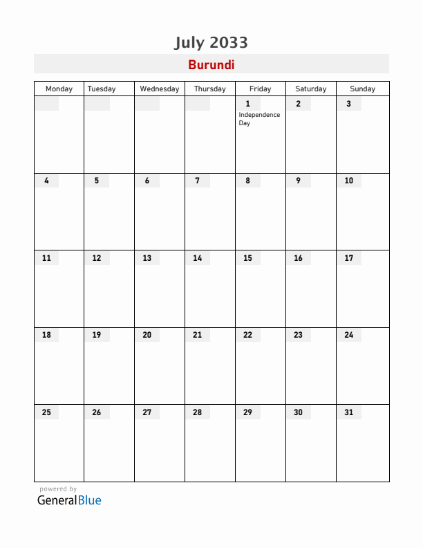 Burundi July 2033 Calendar with Holidays