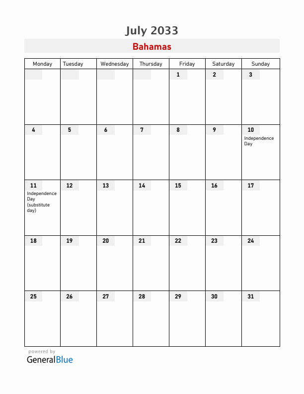 Bahamas July 2033 Calendar with Holidays