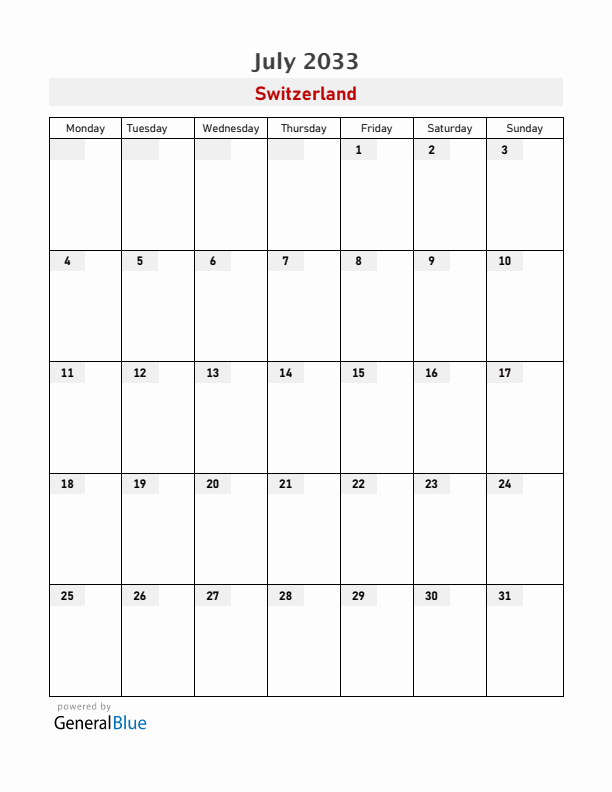 Switzerland July 2033 Calendar with Holidays