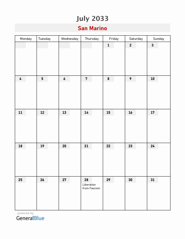 San Marino July 2033 Calendar with Holidays
