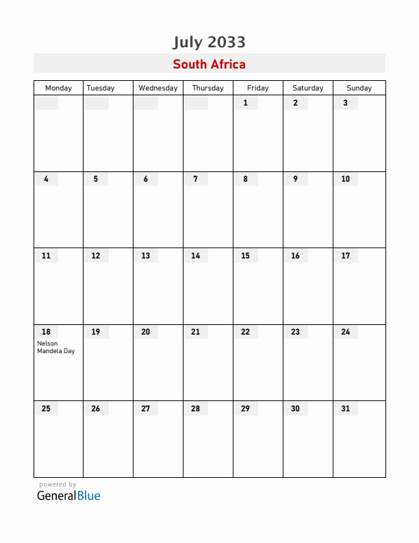 South Africa July 2033 Calendar with Holidays