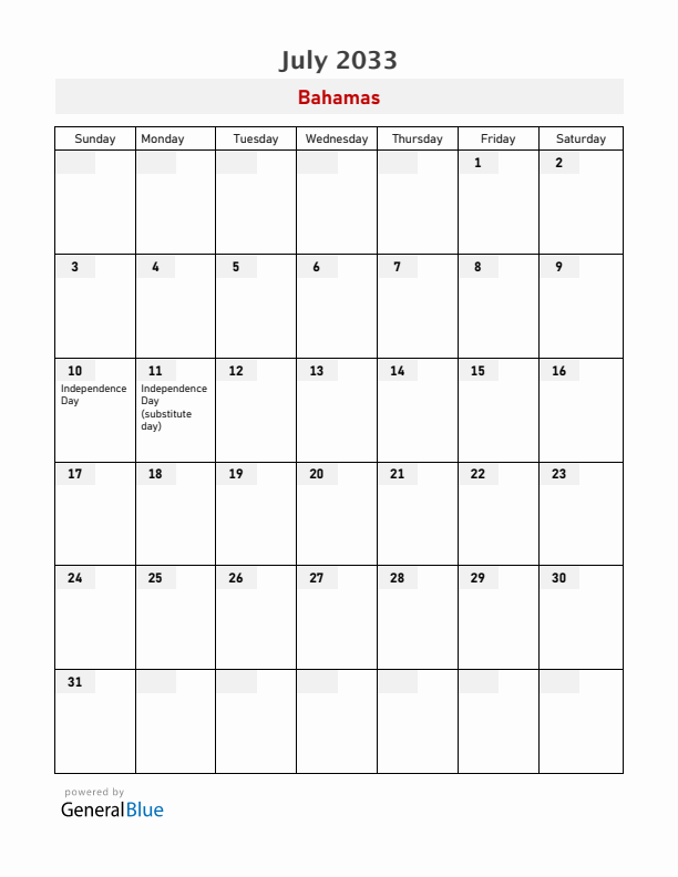 Bahamas July 2033 Calendar with Holidays