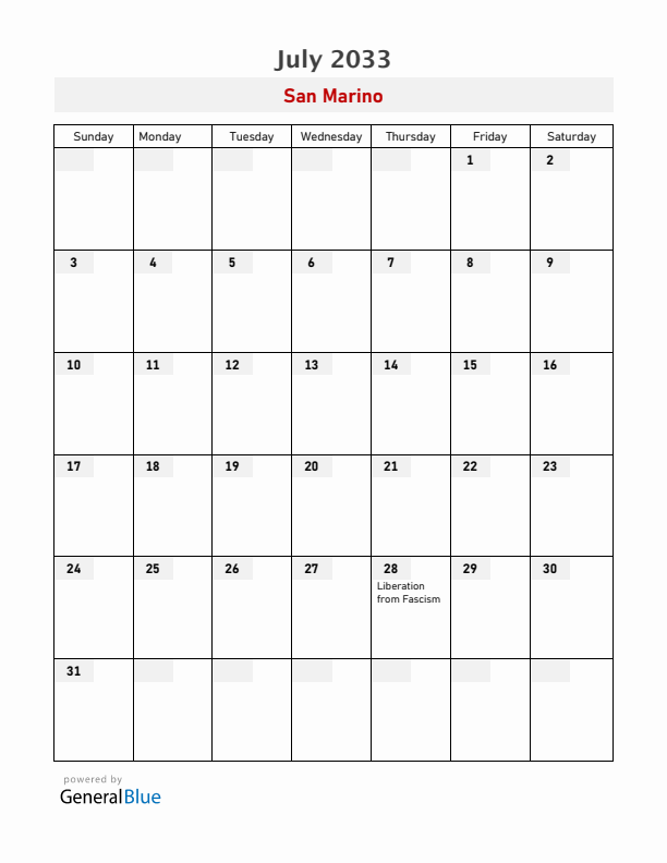 San Marino July 2033 Calendar with Holidays