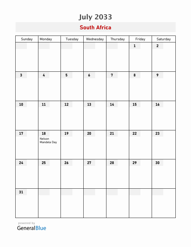 South Africa July 2033 Calendar with Holidays