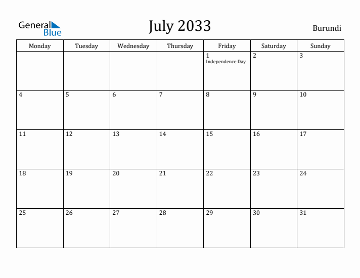 July 2033 Calendar Burundi