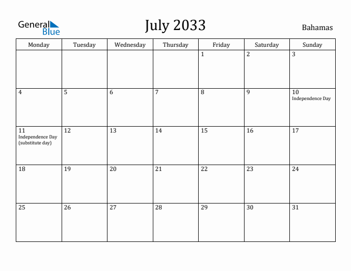 July 2033 Calendar Bahamas