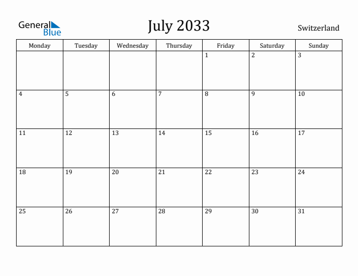 July 2033 Calendar Switzerland