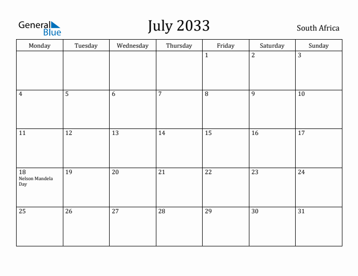 July 2033 Calendar South Africa