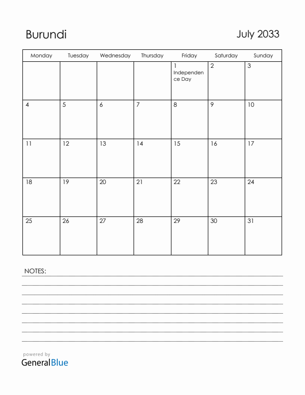 July 2033 Burundi Calendar with Holidays (Monday Start)