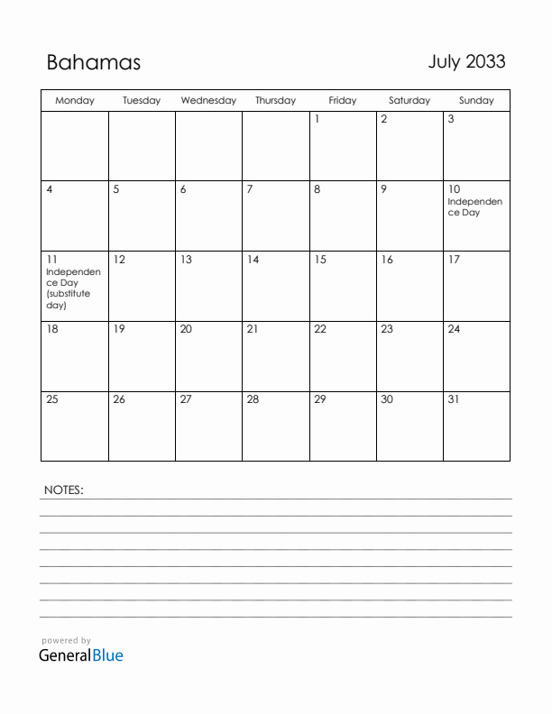 July 2033 Bahamas Calendar with Holidays (Monday Start)