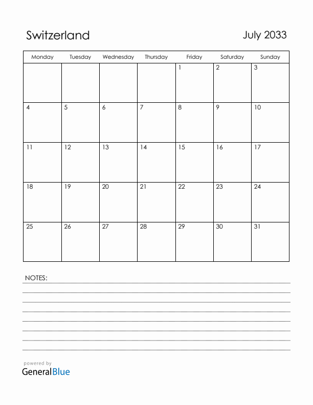 July 2033 Switzerland Calendar with Holidays (Monday Start)