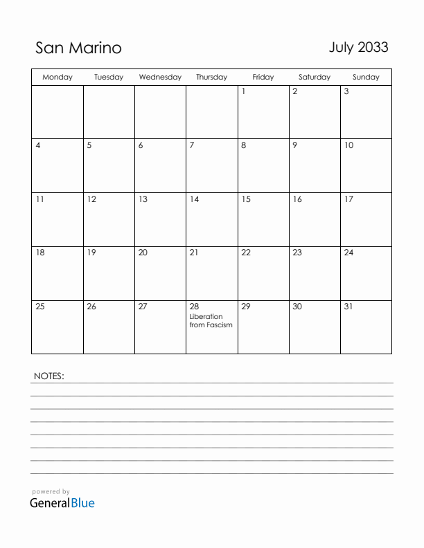 July 2033 San Marino Calendar with Holidays (Monday Start)