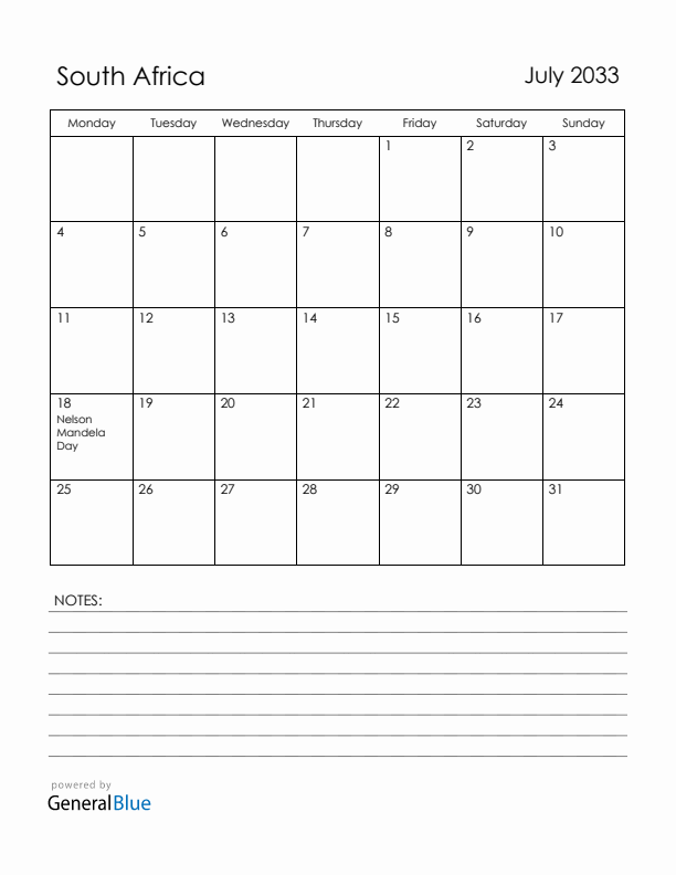 July 2033 South Africa Calendar with Holidays (Monday Start)
