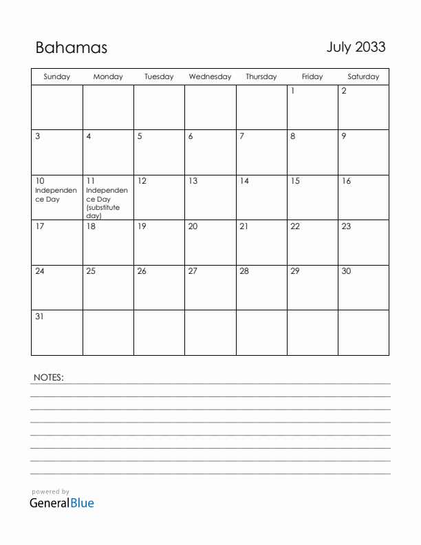 July 2033 Bahamas Calendar with Holidays (Sunday Start)