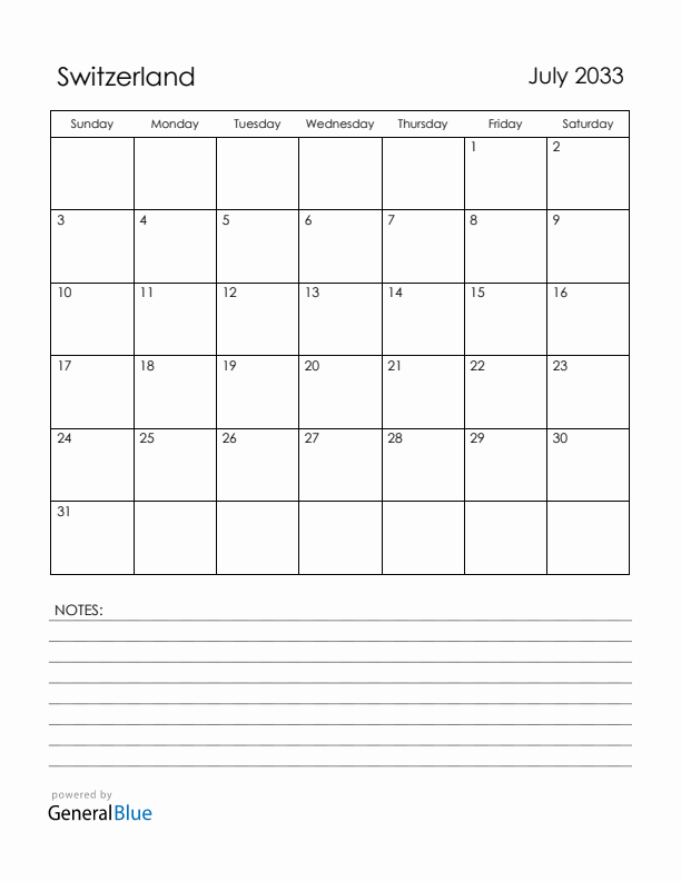July 2033 Switzerland Calendar with Holidays (Sunday Start)