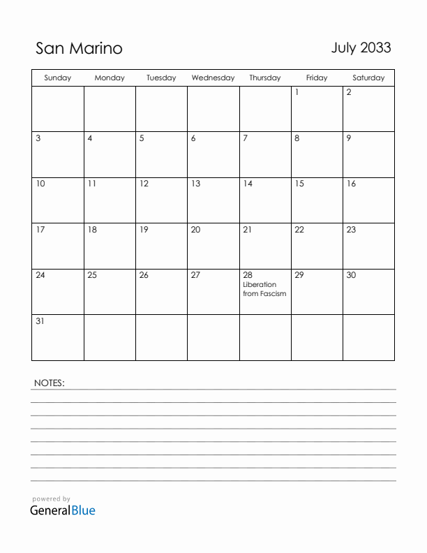 July 2033 San Marino Calendar with Holidays (Sunday Start)