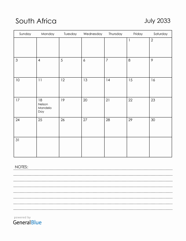 July 2033 South Africa Calendar with Holidays (Sunday Start)
