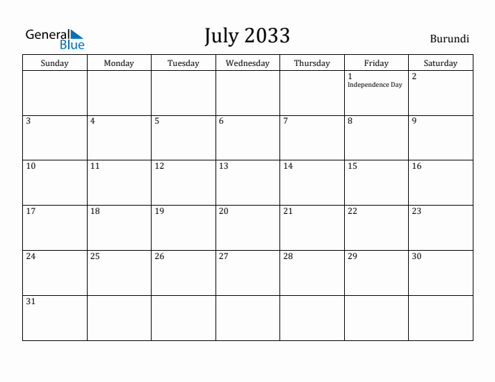 July 2033 Calendar Burundi