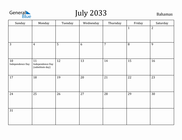 July 2033 Calendar Bahamas