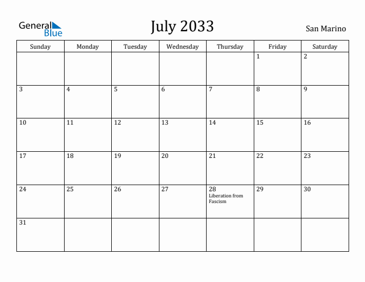 July 2033 Calendar San Marino