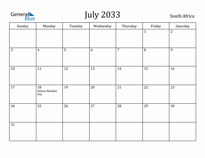 July 2033 Calendar South Africa